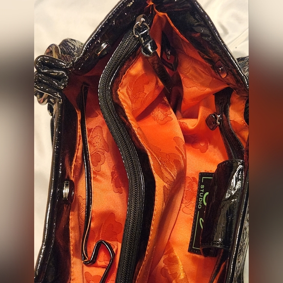 SHARIF 1827 Black Metallic Floral Python Embossed Italian Leather Satchel - Picture 7 of 15